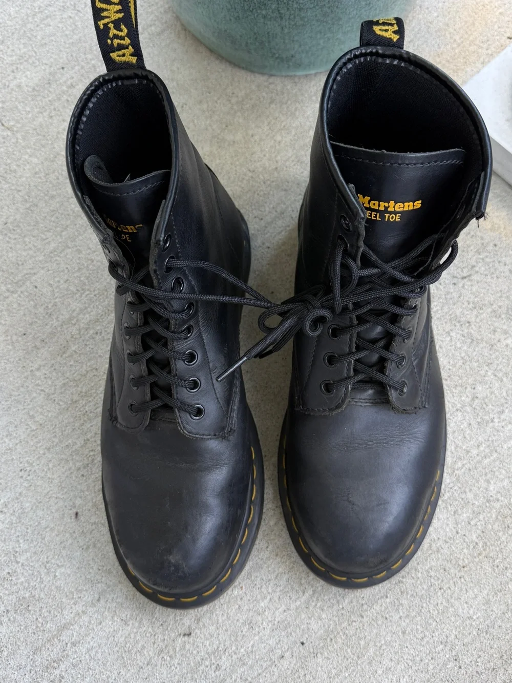 Dr. Martens steel toe slip resistant Black Leather 8-Eye Lace-Up Boots
